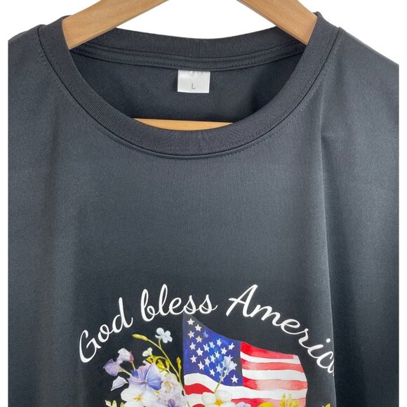 God Bless America Womens Size Large Black Dri Fit Floral Patriotic Theme T-Shirt - Picture 4 of 7
